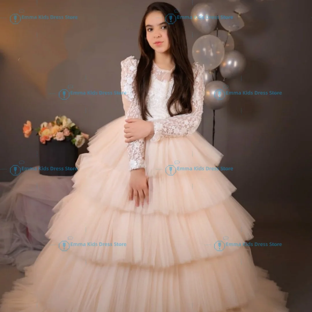 

Girls Lace Flower Girl Dress Long Sleeve Tiered Tulle Ball Gown for Wedding Birthday Party Kids Formal Pageant Clothing