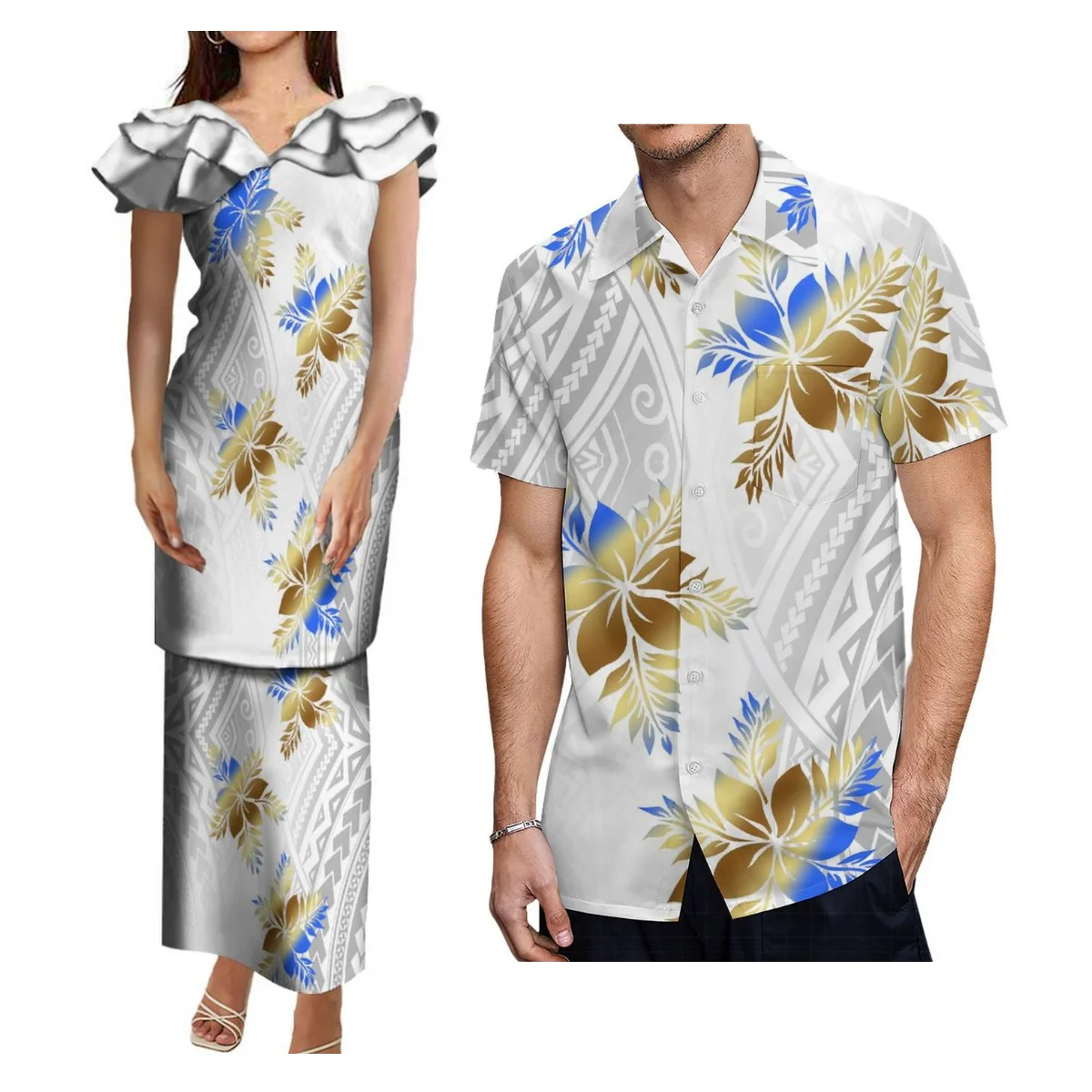 Polynesian Tribal Couple Dress Custom Puletasi Putaha Zweiteiliges Set und Herren Aloha Shirt Samoan Top und langer Rock