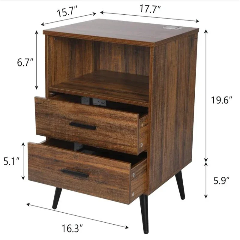 Bedside table with charging station and USB port, rustic brown bedside table with open shelf