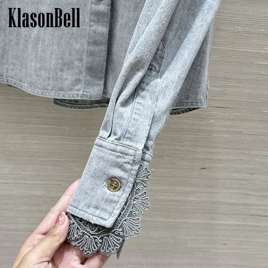 8.31 KlasonBell Women Lace Embroidery Spliced Denim Long Sleeve Shirt 2024 Autumn New Enzyme Wash Distressed All-matches Blouse