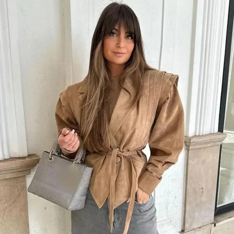 

TARUXY винтажное уличное пальто из искусственной замши, женская мотоциклетная куртка с длинным рукавом и поясом, осенняя женская модная уличная верхняя одежда