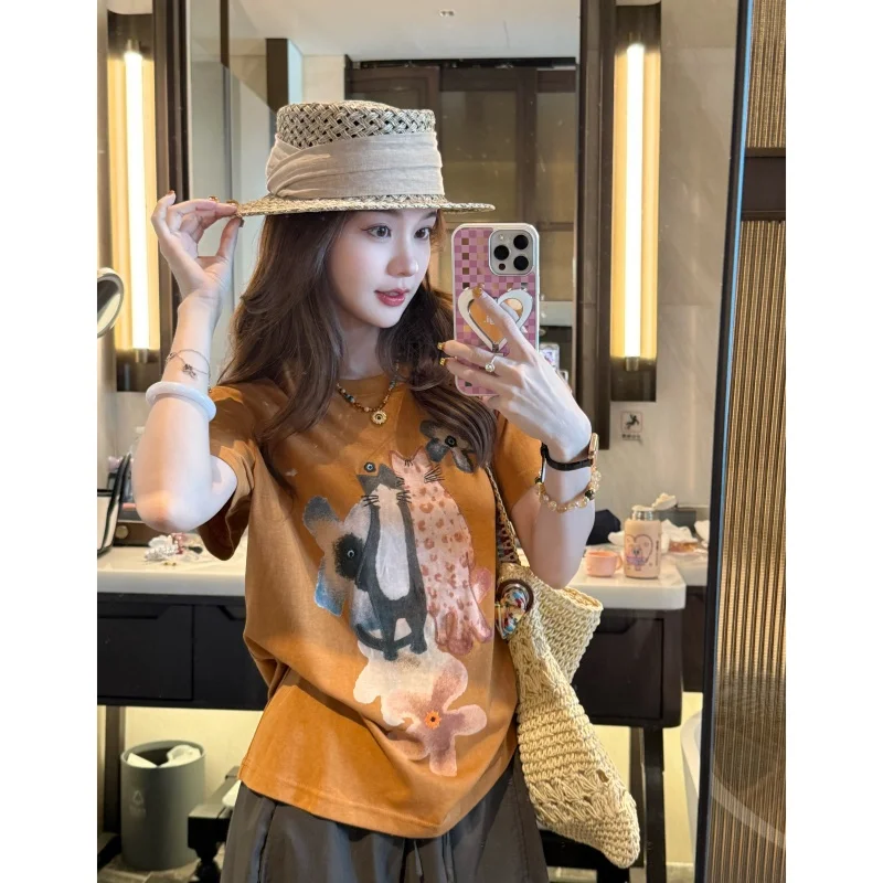 

Летняя модная универсальная футболка с вышивкой и принтом DX2025692, с цветочным узором, женская, из высококачественного полиэстера