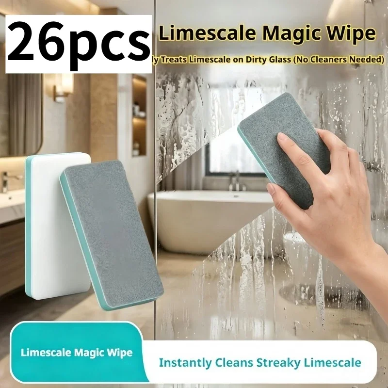 Ensemble de 26 gommes à calcaire pour verre - Éliminateur puissant de calcaire, de taches d'eau et de marques d'eau pour miroirs de salle de bain et cabines de douche
