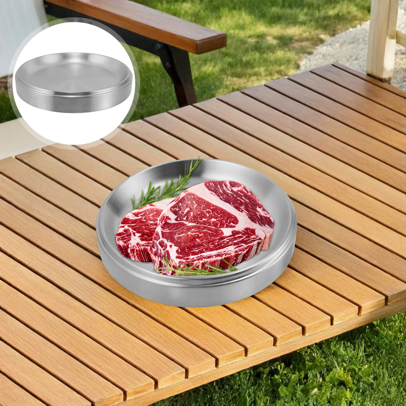 

Круглая тарелка для барбекю из нержавеющей стали, сверхпрочный противень для гриля, штабелируемое сервировочное блюдо для пикника на природе, кемпинга, корейского барбекю