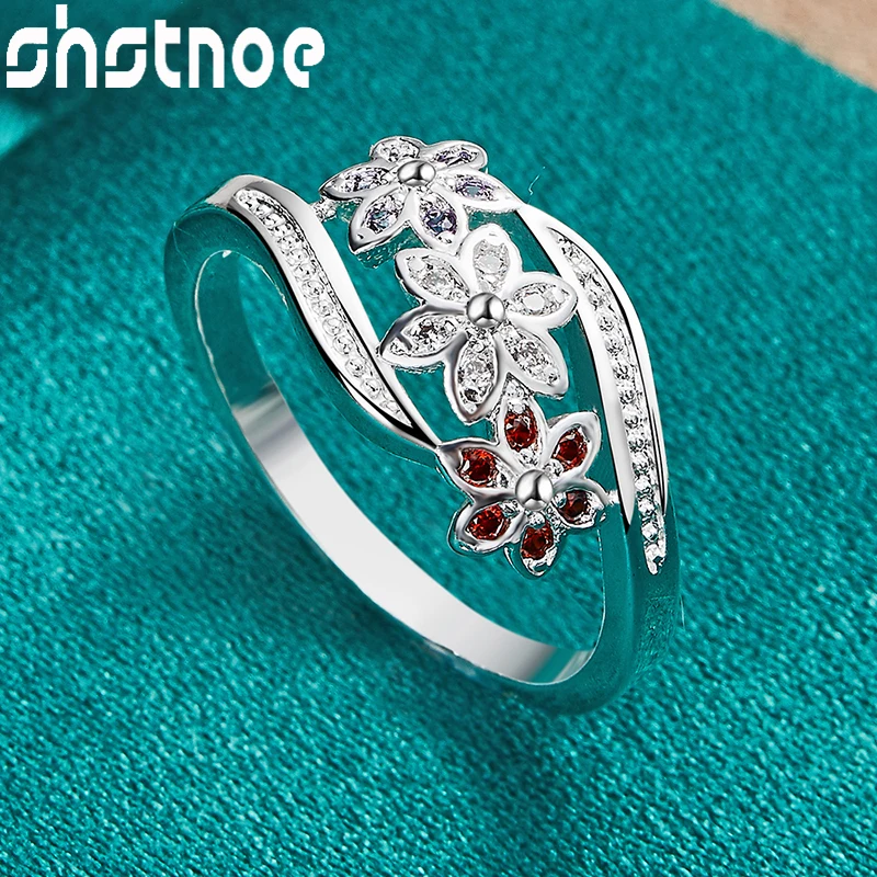 SHSTONE 925 Sterling Silver Fashion Charm Red White Purple Zircon Flower Ring For Women Bridal Wedding Bands Jewelry Accessories