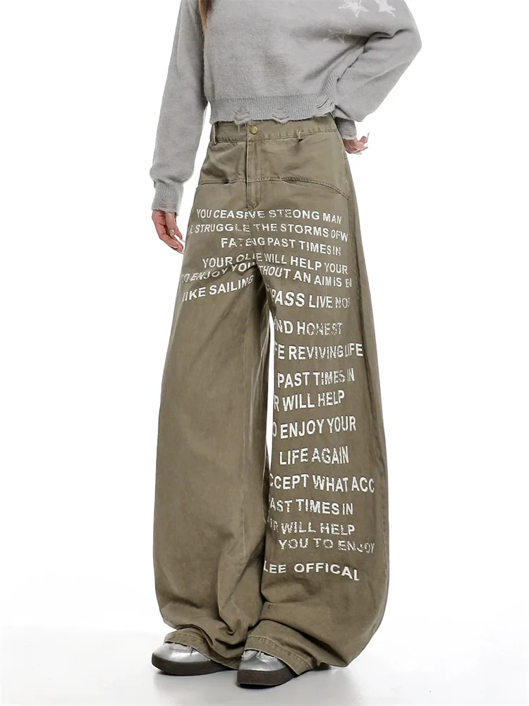 American Vintage Designed Letter Print Curved Hem Jeans for Women Autumn Relaxed High Waisted Slim Wide Leg Trousers