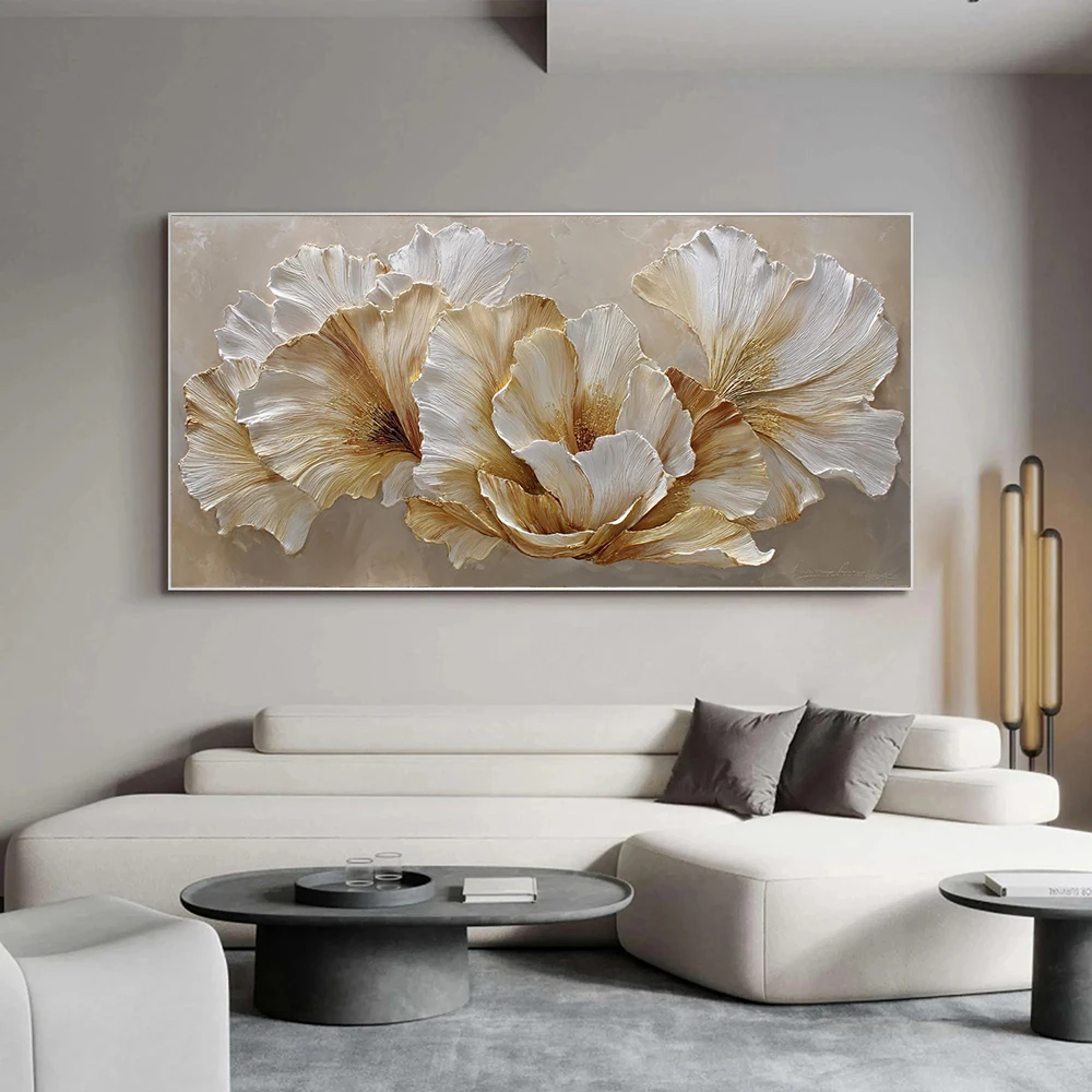Floral Painting on Canvas 2D White Gold Flower Texture Wall Art Luxury Cream Bloom Art Living room Wall Decor, No Framed