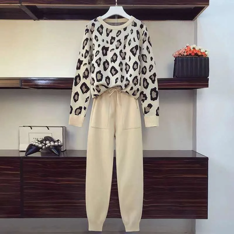 Winter Trend Leopard Knit Tracksuit O-Neck Long Sleeve Top Sweater Pants Set Casual Chic Set Sporty Womens 2 Piece Outfit Set