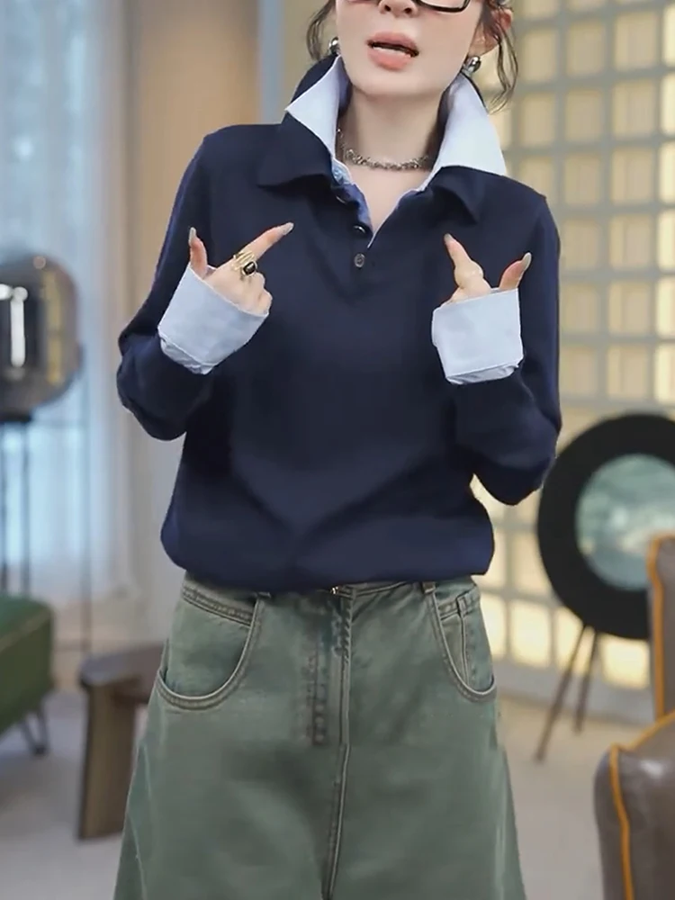 

Весна 2025 г., большие размеры, лоскутный цветной свитшот с высоким воротником, длинный свек, модный повседневный, элитный, ощущение