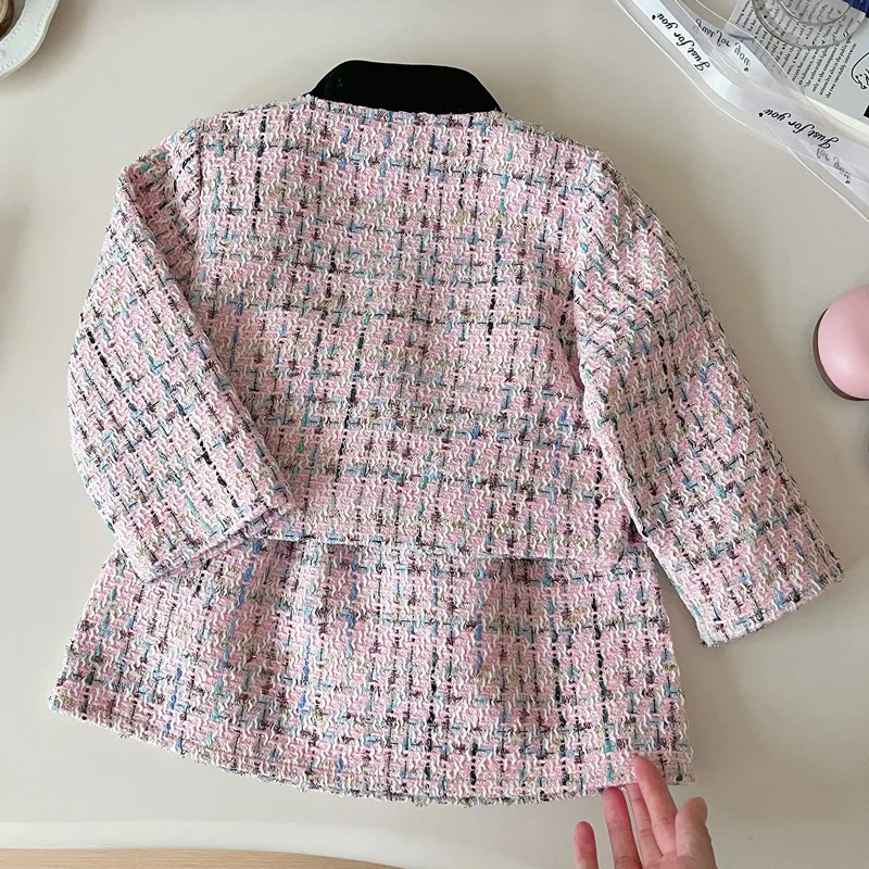 Girls' Suit Skirt Spring and Autumn2024New Western Style Fashion Little Girl Plaid Tweed Two-Piece Set