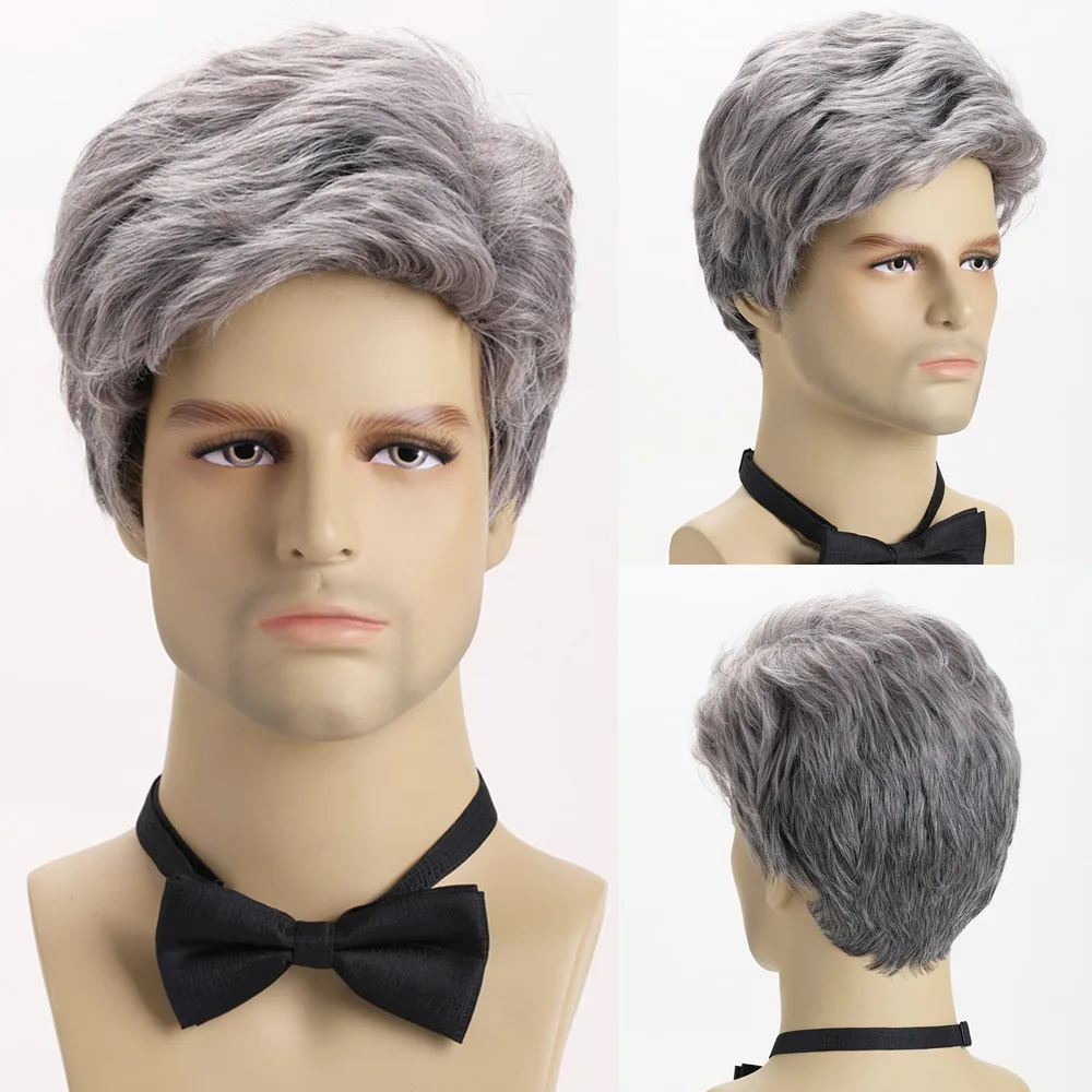 

SQRDGQ Короткие парики из синтетических волос для мужчин, повседневный парик для косплея, мужской парик с прямыми волосами, серый, черный парик с челкой