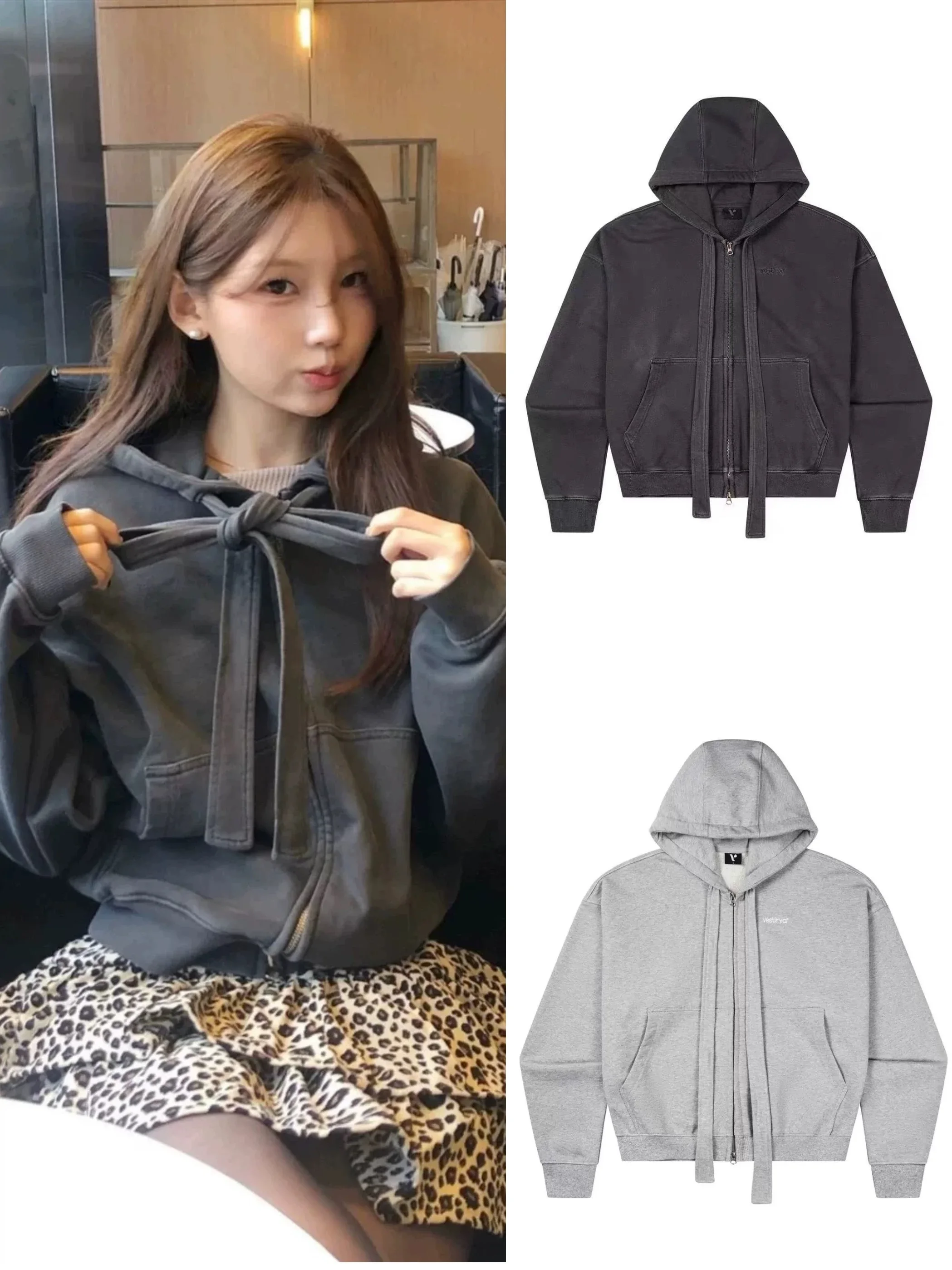 Casual Loose Hoodie Jaet with Ribbon  Knot Zipper Design Ladies Faion Spring Long Sve Sweatirt Outerwear