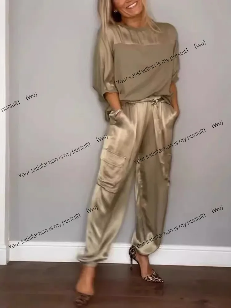 

ZOCI-Women's solid color satin two-piece set, long-sleeved crew neck top, trousers, loose and casual two-piece set