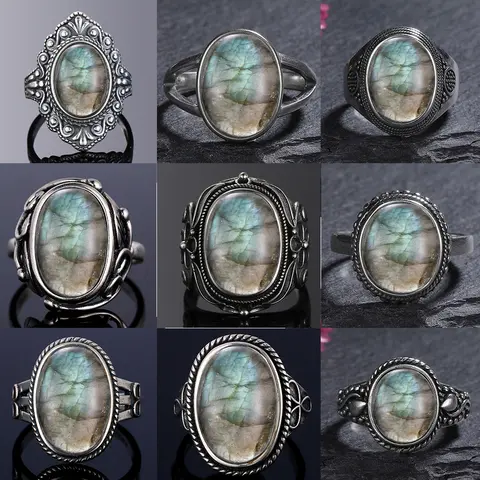 S925 Silver Ring for Women Oval Round Natural Labradorite Ring Gift Sun Shaped Retro Luxury Fine Jewelry
