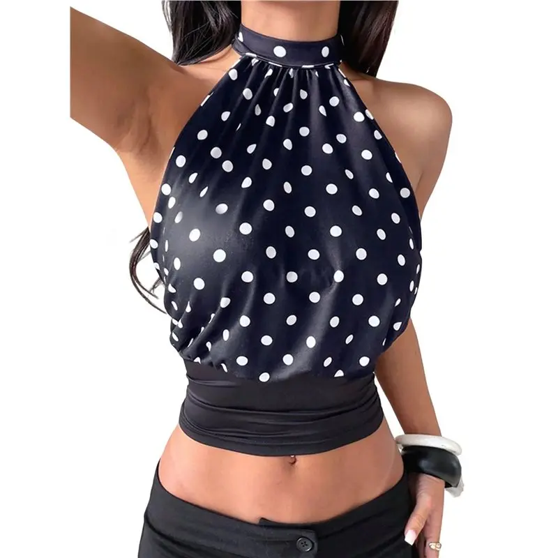 NEW-Women Polka Dots Halter Tank Tops Mock Neck Backless Open Back Camisole Going Out Tops