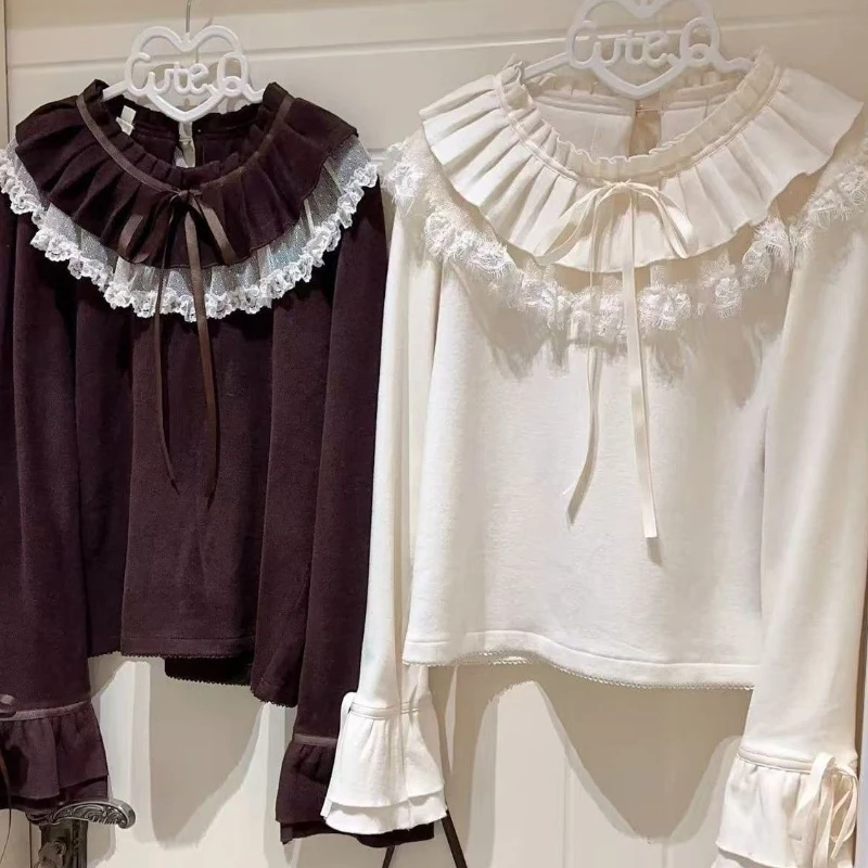 

Japanese Lolita Style Lace Patchwork T-shirt Women Sweet Flare Sleeve Loose Tops Y2k Aesthetic Fairy Grunge Ruffled Warm Tshirts