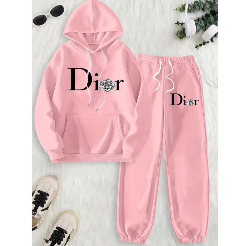 Autumn Winter Women\'s Suit Solid Color Hoodies+Sweatpants Sets Letter Printed Tracksuit Hooded Sweatshirts Ladies Y2k Streetwear