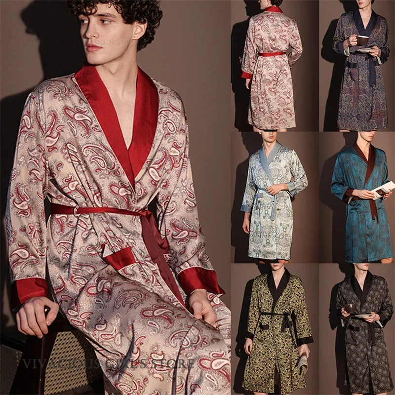 New Men Robe Night Wear Print Long Sleeve Kimono Bathrobe Gown with Pocket Loungewear Loose Casual Ice Silk Homewear Sleepwear
