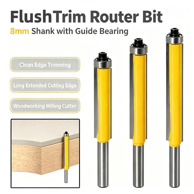 8mm Shank Long Blade Flush Trim Router Bit With Bearing Woodworking Milling Cutter for Trimming Machine