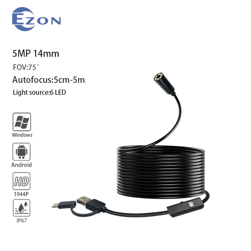 HD1944P 14mm USB Endoscope Single Camera 3 IN 1 Micro USB For IPhone Android Phones Waterproof Pipe Inspection Borescope
