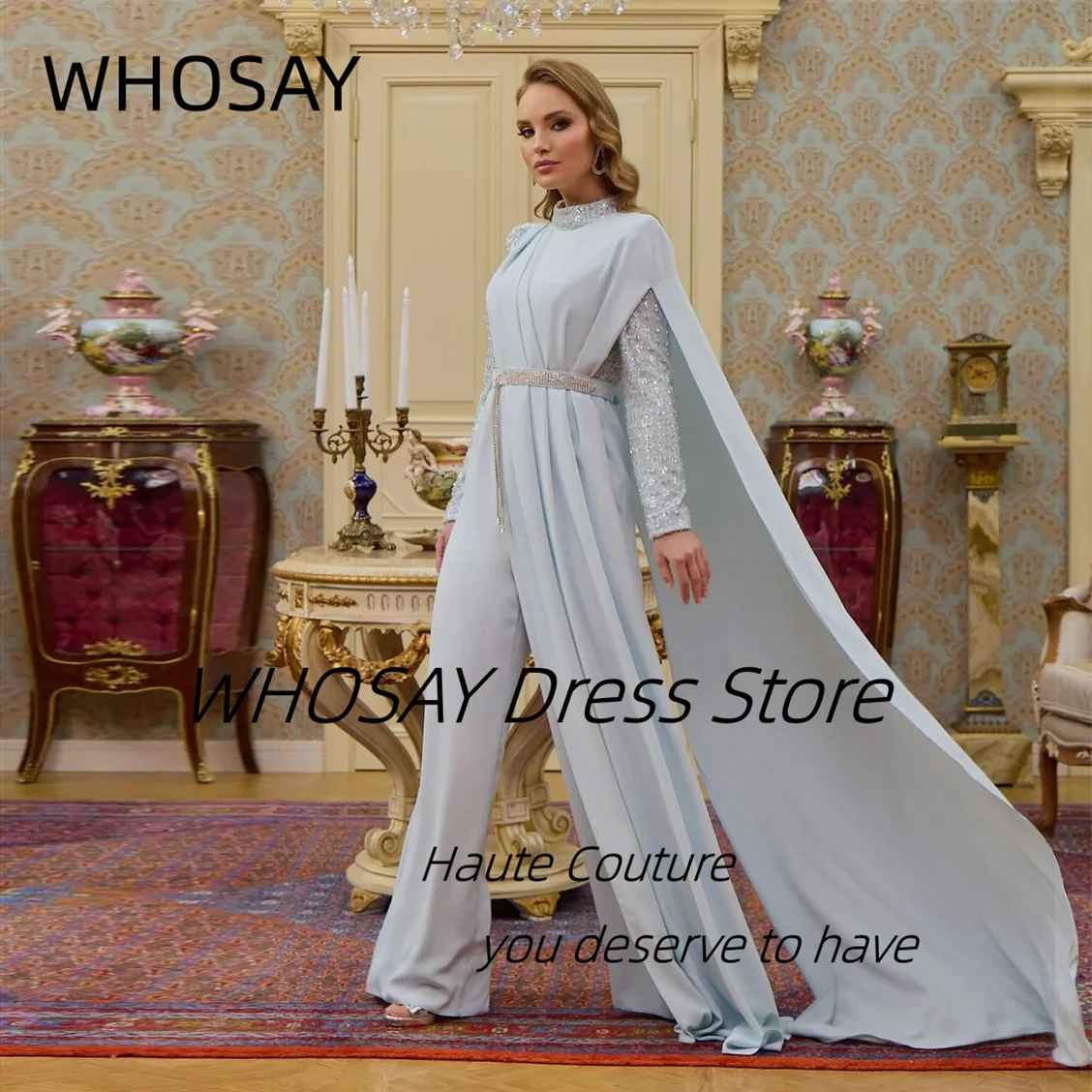 

WHOSAY Современные комбинезоны для девочек для вечерней вечеринки, платья для выпускного вечера с длинными рукавами и бисером, с пышным пальто, Vestidos De Noches