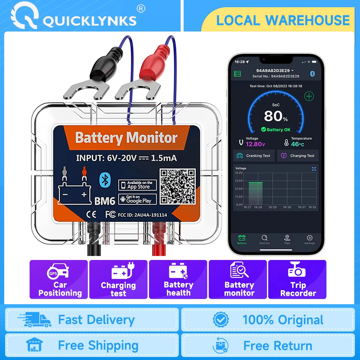 QUICKLYNKS BM6 Wireless Bluetooth Car Battery Monitor 12V Battery Tester Charging Cranking Test Battery Analyzer for Android IOS