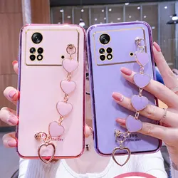 Wrist Bracelet Phone Case for Xiaomi POCO X4 Pro 5G Case Poco M4 Pro Luxury Heart Chain Plating Poco X4 Pro Case Cover Pocox4pro