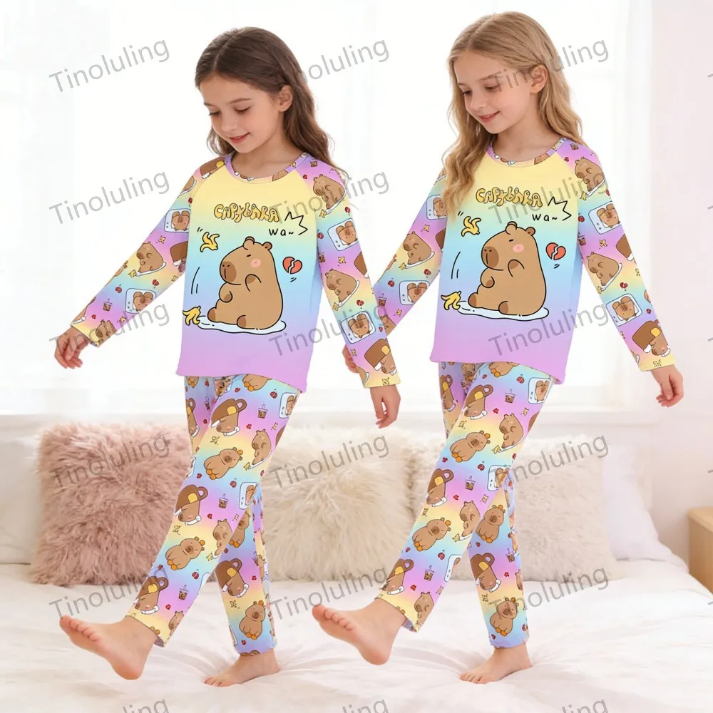 2026 Children's Pyjamas Capybara Set Kids Sleepers Boys Girls Cartoon Boutique Long Sleeve Sleepwear 3 4 5 6 7 8 9 10 11 12 Yrs