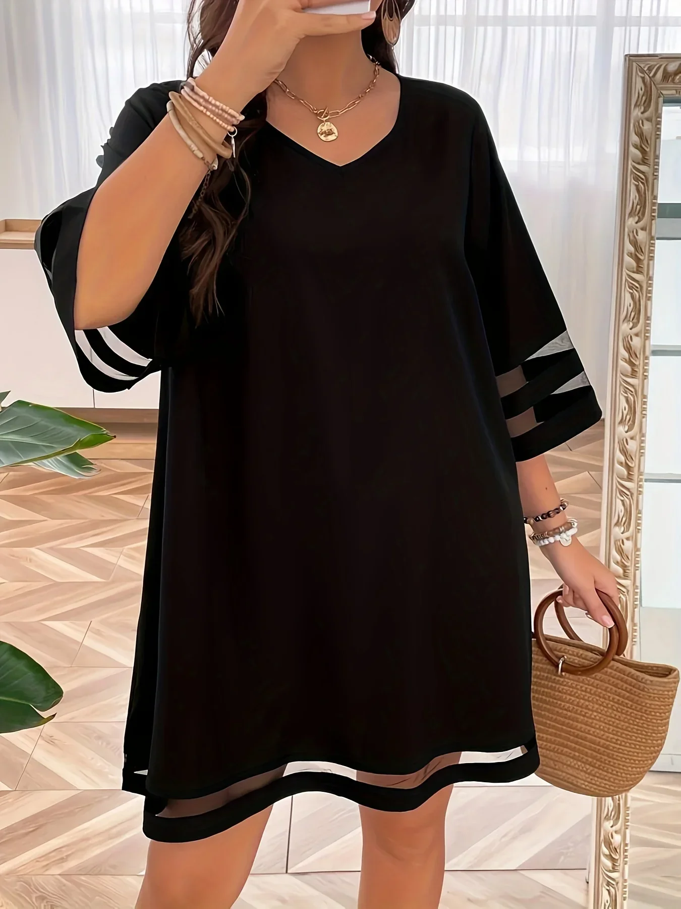 Loose Casual Long Sleeves Dresses Plus Size Black Dress Women Retro Casual Mid Length V-Neck Female Pullover Skirt Vestidos