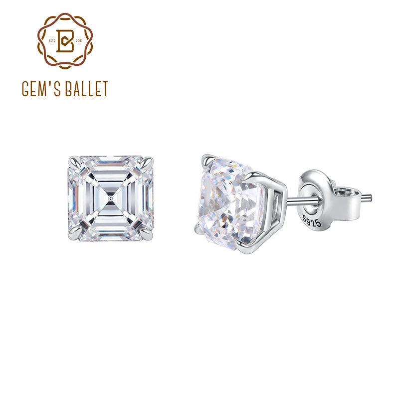 

GEM'S BALLET 0.4 - 3.0CT D Color Classic Claw Prong Asscher Cut Moissanite Stud Earrings in 925 Sterling Silver Gift For Her