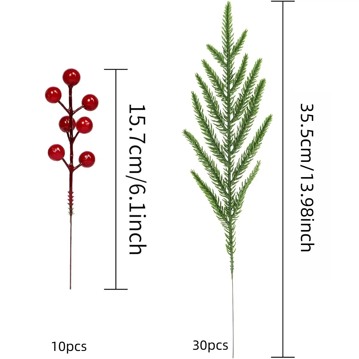 40 قطعة من فروع الصنوبر الشمالي الاصطناعي مع التوت الأحمر - أعواد خضراء واقعية لعيد الميلاد مقاس 12.8 بوصة