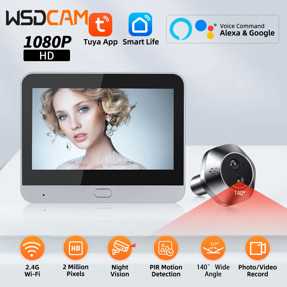 WSDCAM 4.3In LCD WiFi Video Doorbell Motion Detection Smart Peephole Camera 140° Wide Angle Digital Peephole Viewer Night Vision