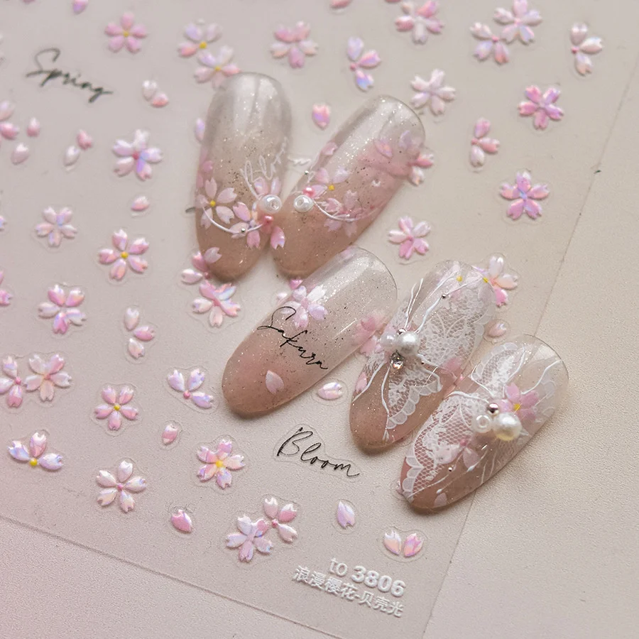 1pcs 5D Bronzing Kawaii Shining Roze Sakura Nail Art Stickers Japanse Bloem Zelfklevende Nail Decoraties Decals Accessoires