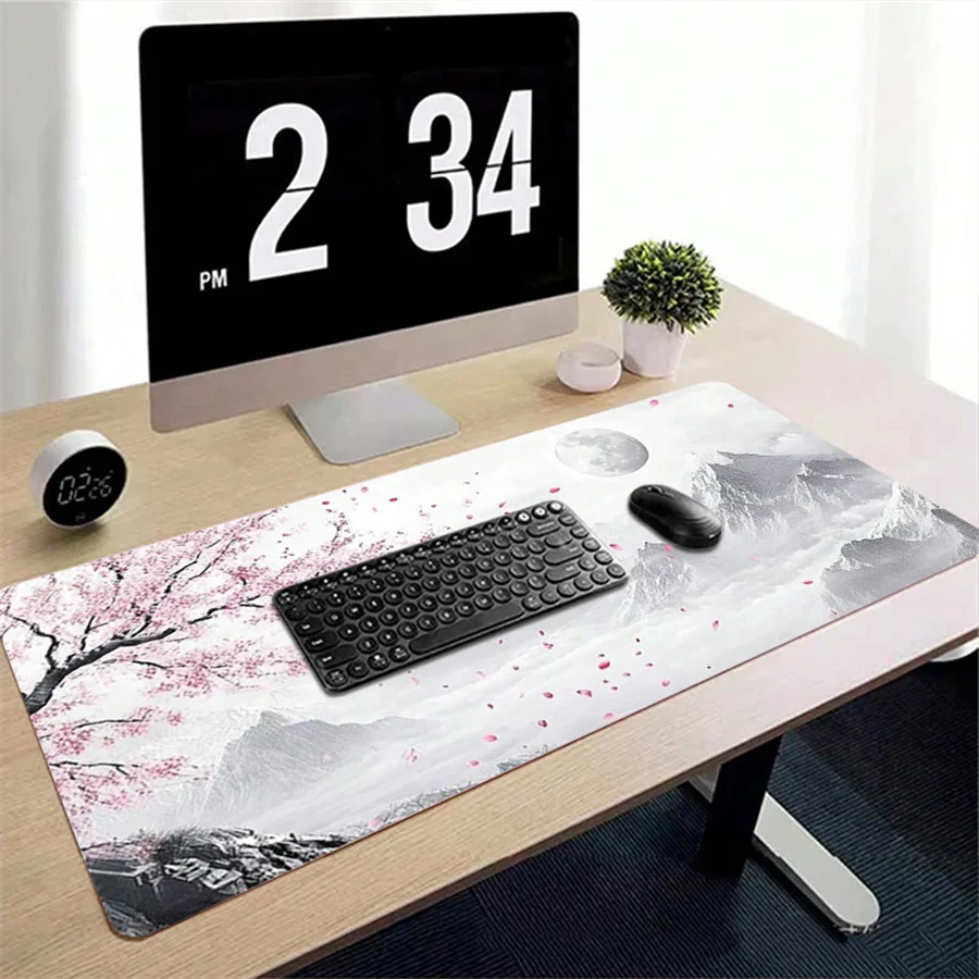 Extra Large Leather Mouse Pad With Snowy Mountain And Cherry Blossom Design Washable Leather Surface Non-Slip Desk Protector Pad