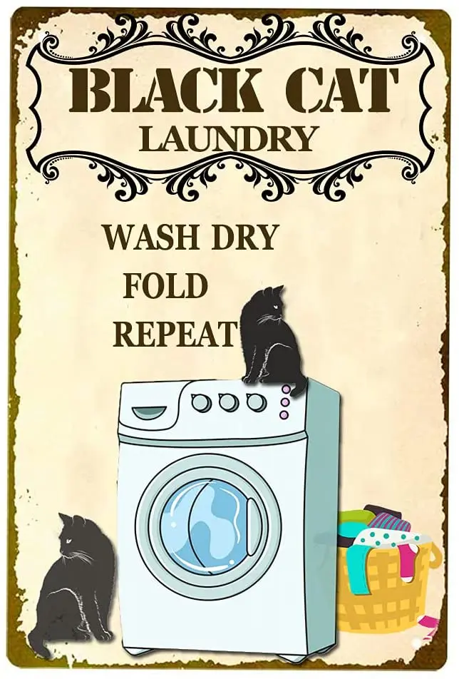 Black Cat Laundry Wash Dry Fold Repeat - Laundry Room Decor Wall Sign Vintage Distressed Bathroom Wall Plaque Home Bars Pub sign