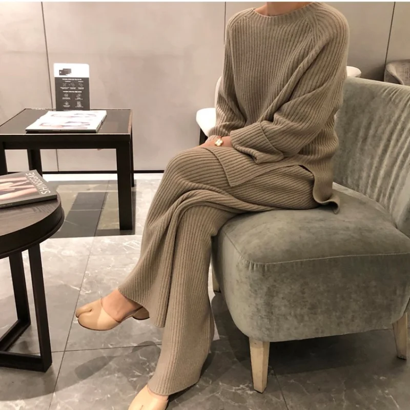 Autumn Winter Korean Knitted Sweater Two-Piece Set Women Turtleneck Top Warm Thick Female Casual Pullover Tracksuits Pants Suits