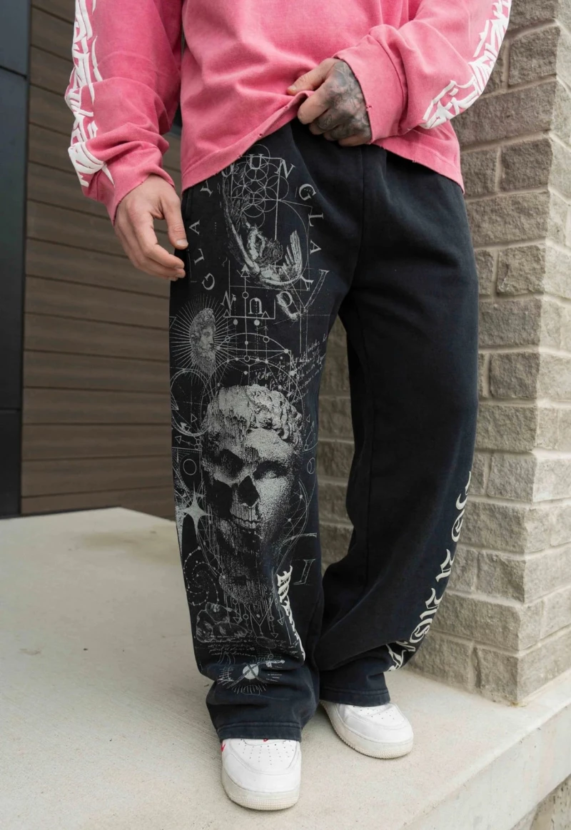 

Casual Parties Machine Men's Casual Printed Wide-Leg Pants Thigh Print Beige Black Relaxed-Fit Trousers for Events Casual