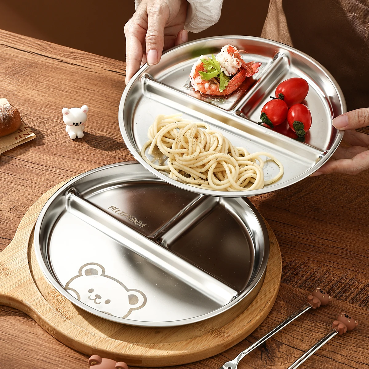 WORTHBUY Round Dinner Plate 304 Stainless Steel Divided Breakfast Plate Kitchen Tableware Three-grid Food Plate Dish Dinnerware