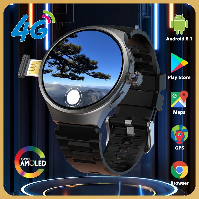 Reloj inteligente AMOLED Android de red 4G con cámara de tarjeta SIM reloj inteligente para hombres y mujeres compatible con llamadas GPS WIFI Bluetooth Google Play mapas