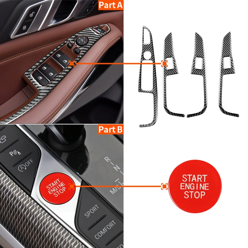 Car Interior Door Window Armrest Panel Decor Cover Sticker Kit Car Engine Start Stop Switch Button Trim Cap for BMW X5 G05 2019