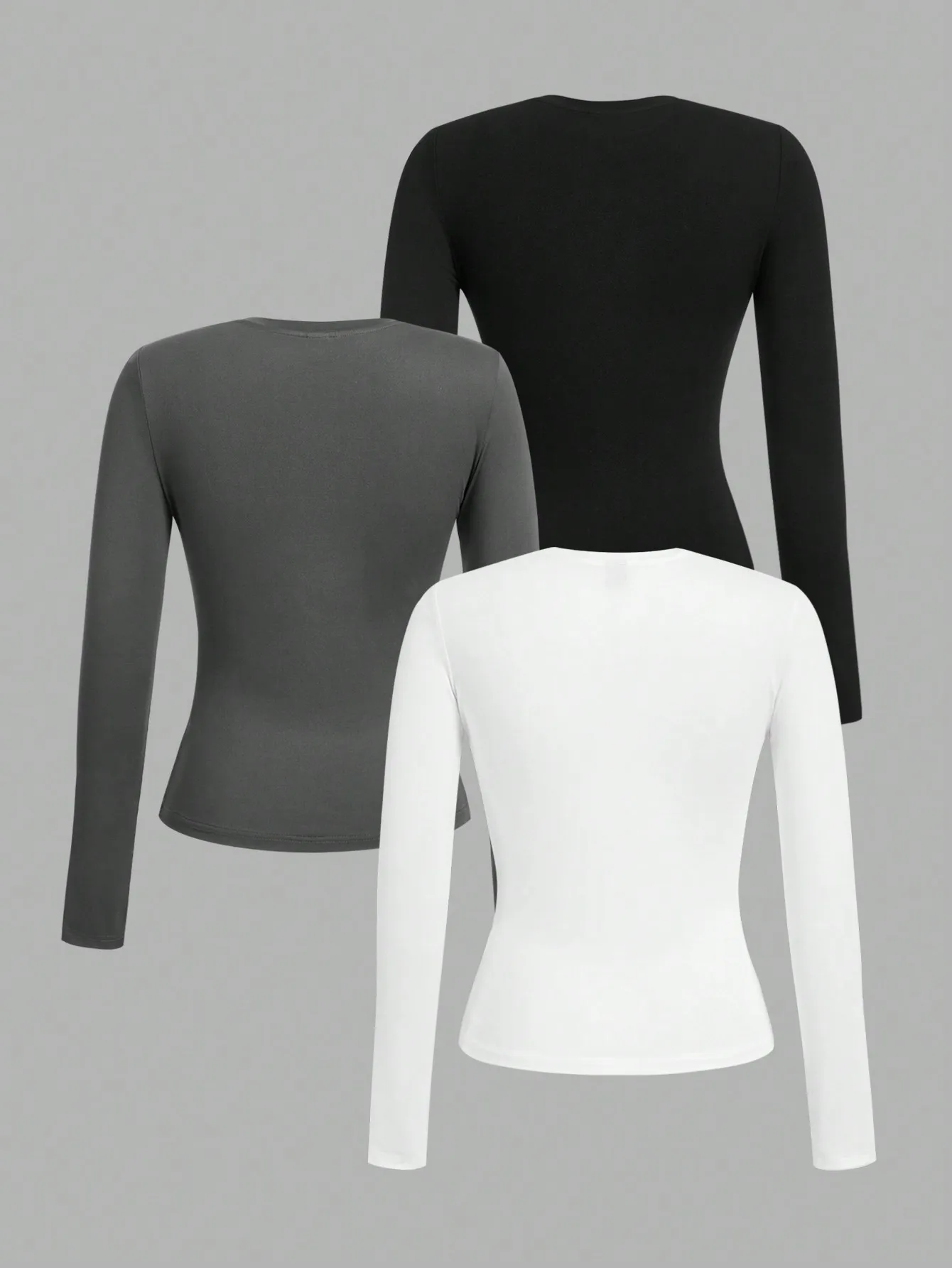 Slim Fit Women Long Sleeve T Shirt 3 Pack Crewneck Solid Tee Black White Grey
