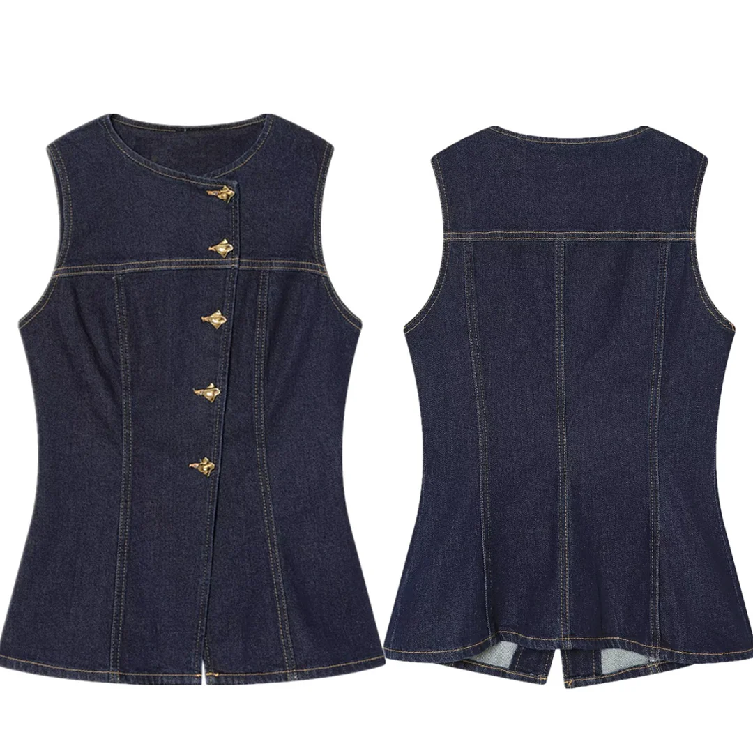 

Maxdutti Minimalist Denim Slim Fit Vest Single Breasted Asymmetrical Design Elegant Sleeveless Women's Jacket Woman Clothes
