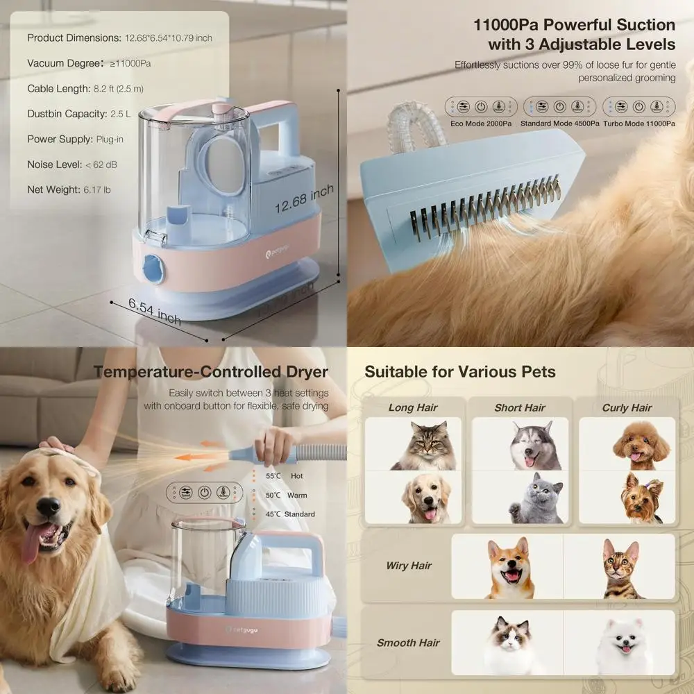 

7-in-1 Dog Hair Grooming Kit with Clippers, 3-Mode Hair Dryer, 11000Pa Vacuum, 2.5L Bin - Powder Blue & Pink