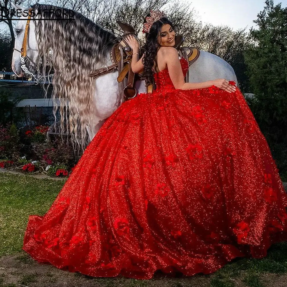 Red Sweetheart Sleeveless Quinceanera Dresses Ball Gown Glitter Crystal Ribbons 3D Flowers Corset Sweet 15 Vestidos De XV Años