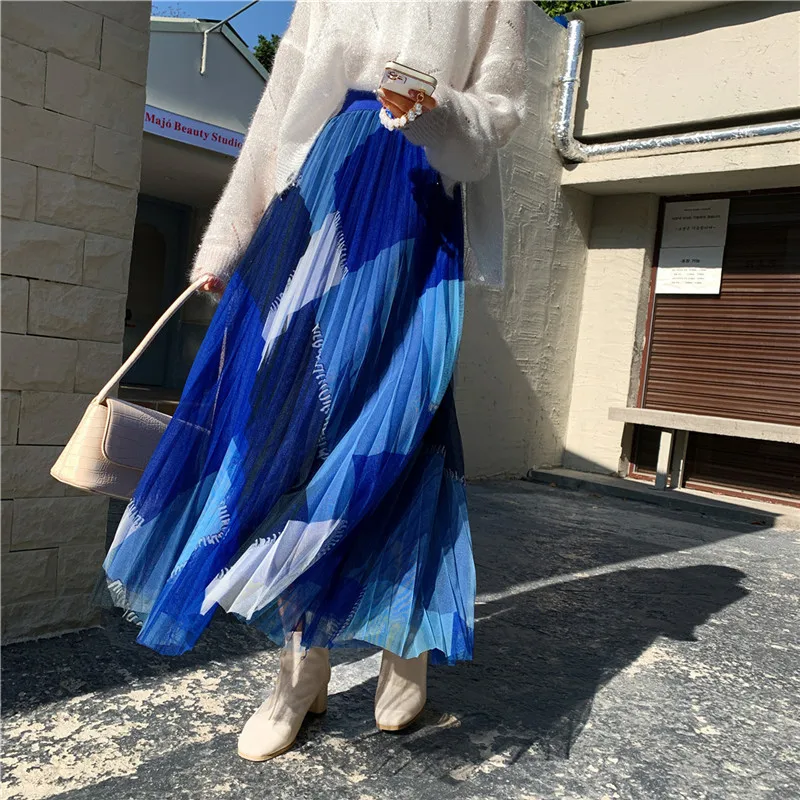 

New Spring and Summer Women's Splicing Contrast Color Loose High Waist Gauze Pleated Classic A-Line Fashion Casual Skirt