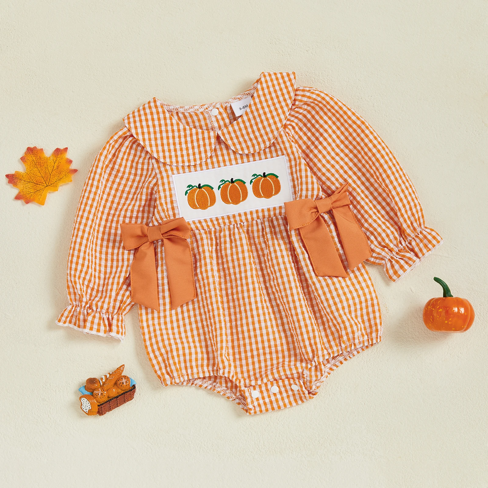Baby Mädchen Halloween Outfit Langarm Kürbis gesmokt kariert Strampler Herbst Winter Kleidung