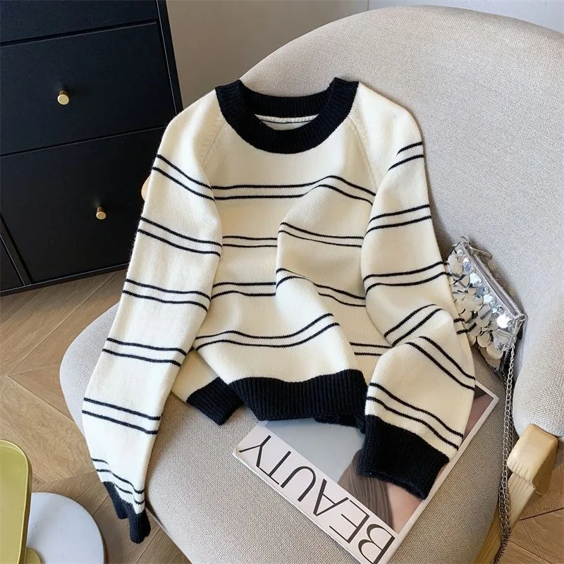 Lazy Style Striped Pullover Sweaters Women Loose Outer Wear Soft Stylish Color Matching Knitted Bottoming Shirt For Autumn