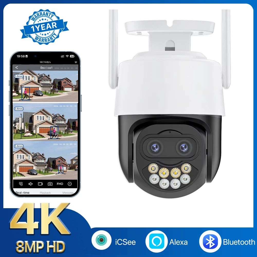 Dual Lens 4K 8MP HD PTZ WiFi Camera 5X Zoom 4MP  IP Camera  Ai Human Detection Video Surveillance Security Camera iCSee APP