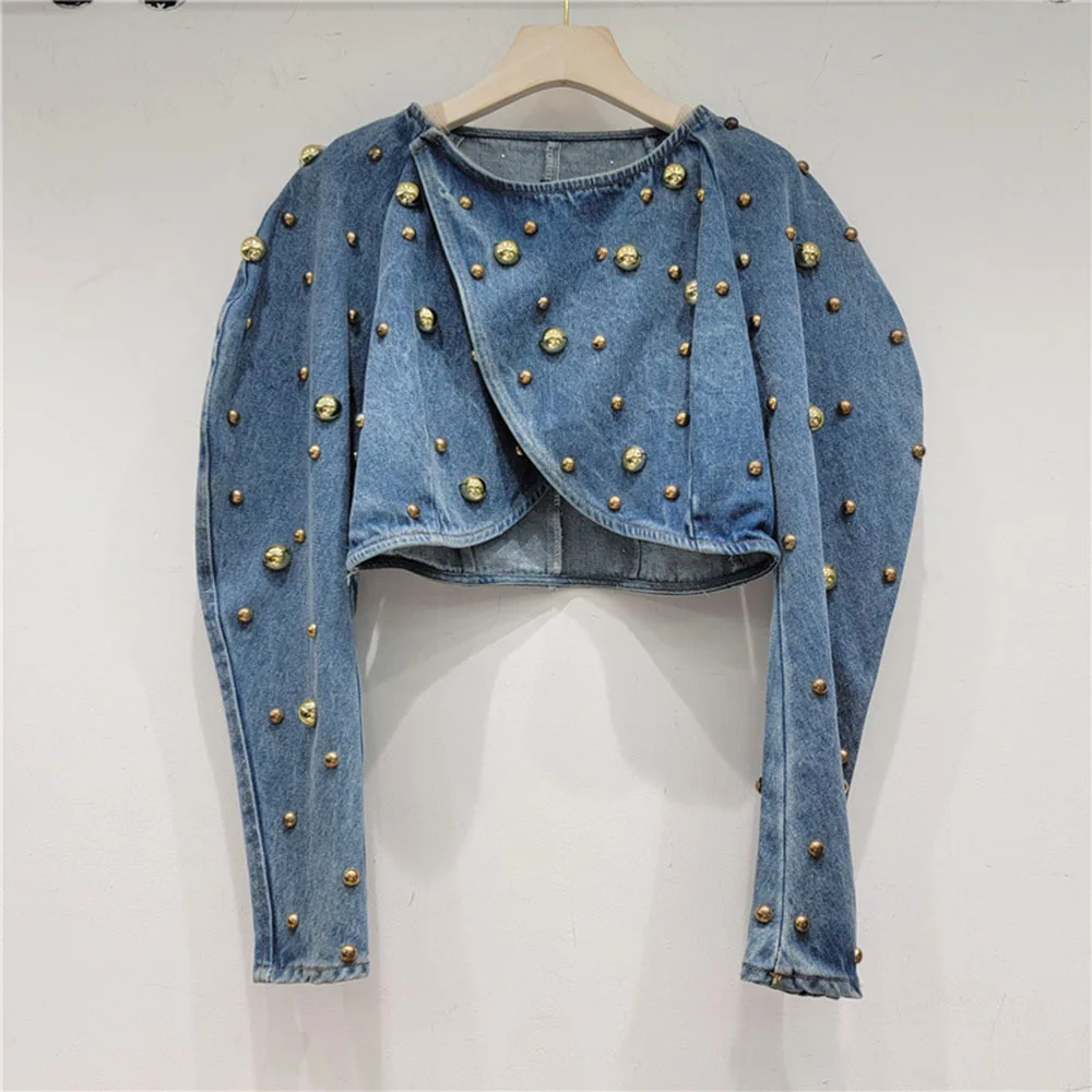 Vintage Round Nail Rivet Short Denim Jacket For Women Y2k High Street Bubble Sleeve Coat Autumn Spring New Female Clothing Trend