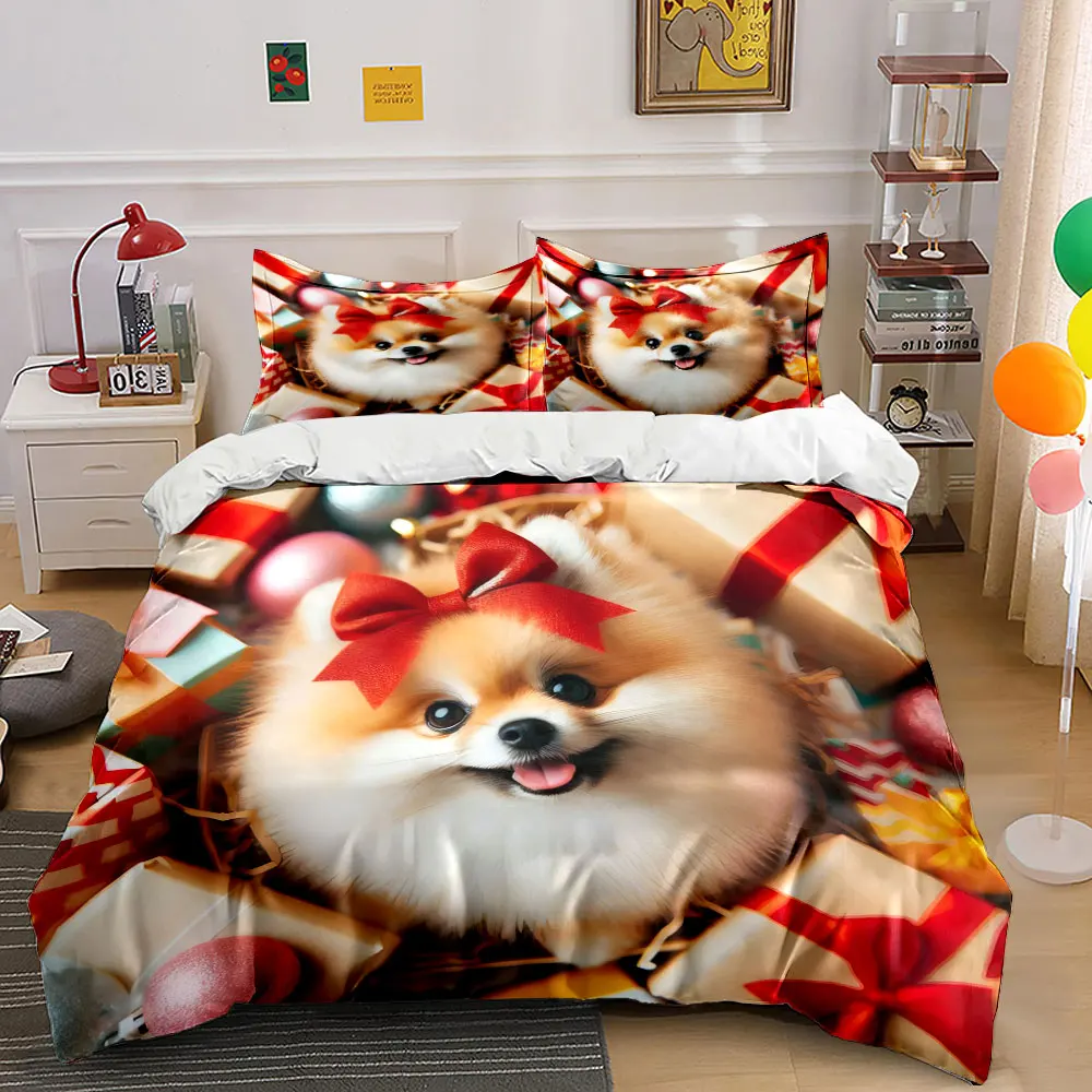 Fluffy puppy with a red bow, smiling among gifts Print Duvet Cover Bedding Set Included 1*Duvet Cover 2*Pillowcases